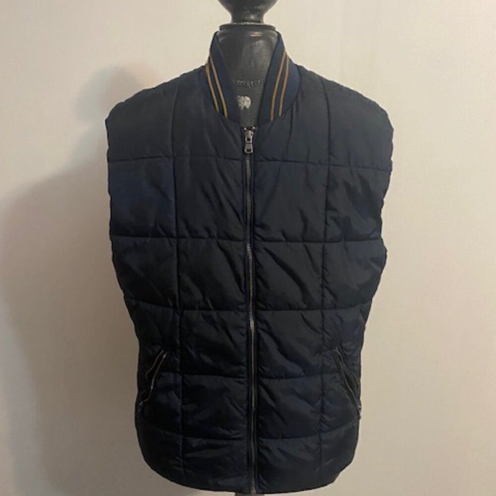 H&M Navy Blue/Gold Trim front zip Puffer Vest, size 44R